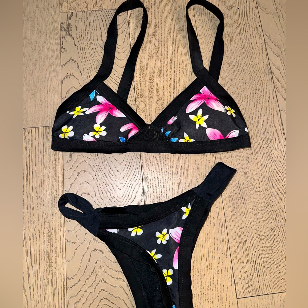2 Piece Black Bikini w/ tropical flowers